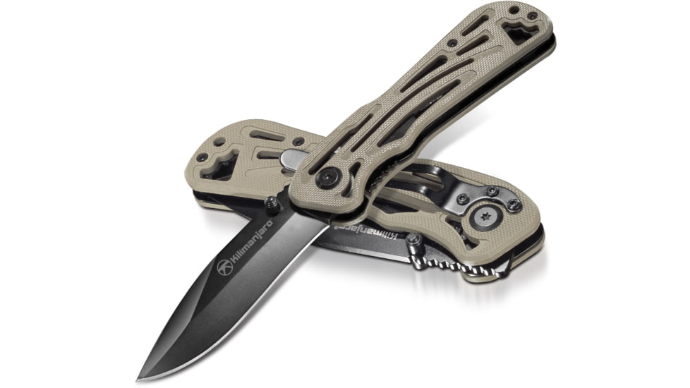 Kilimanjaro Gear Caula Folding Knife,3.4in,Tan Skeletonized G10 Handle, Black Plain Blade KJ910022