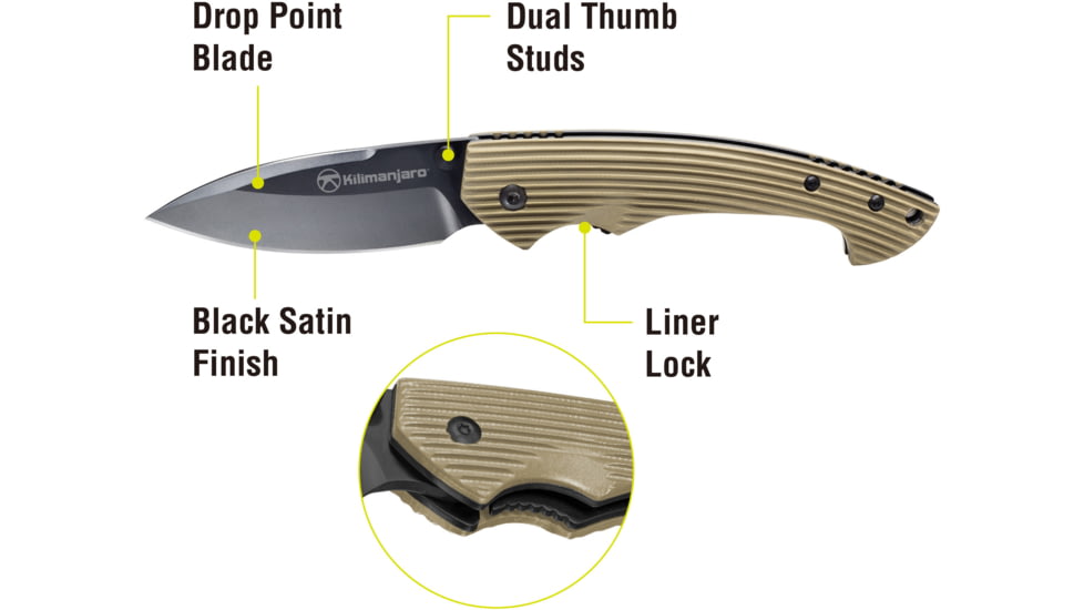 Kilimanjaro Gear Firma Folding Knife,3.2in Black Plain Blade,Tan G10 Handle KJ910015