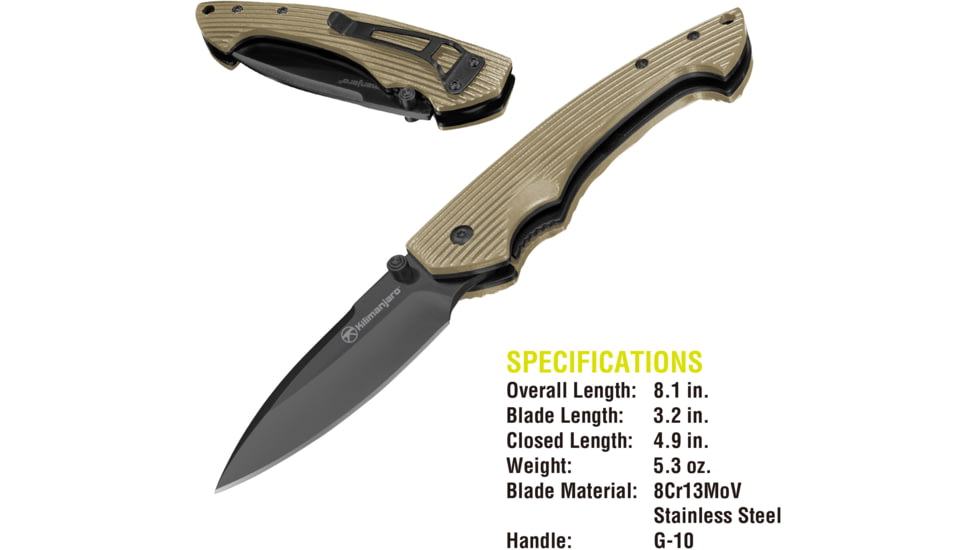 Kilimanjaro Gear Firma Folding Knife,3.2in Black Plain Blade,Tan G10 Handle KJ910015