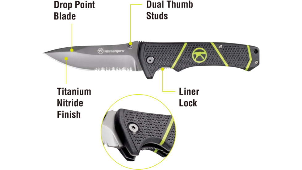 Kilimanjaro Gear Kibo Folding Knife,3.5in, Black Handle, Black ComboEdge Blade KJ910092