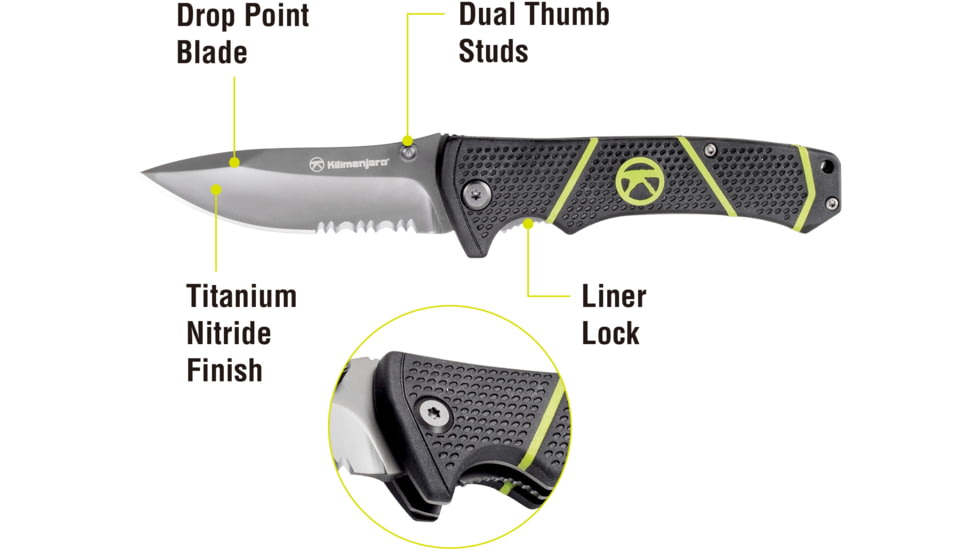 Kilimanjaro Gear Kibo Folding Knife,3in, Black Handle, Black ComboEdge Blade KJ910093