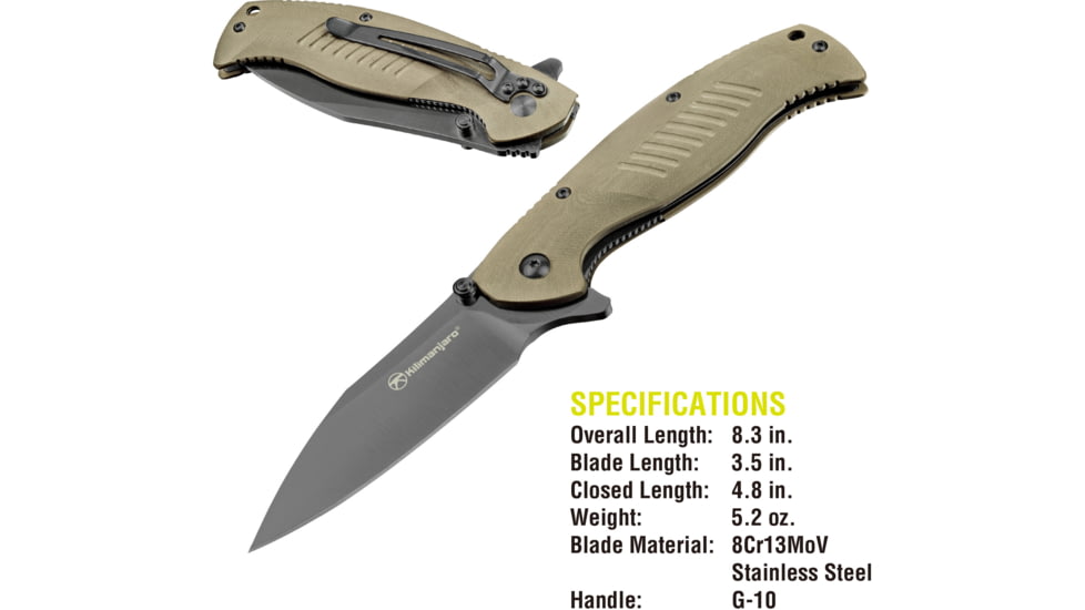 Kilimanjaro Gear Morsa Folding Knife,3.5in,Tan Wood Grain G10 , Black Plain Blade KJ910028