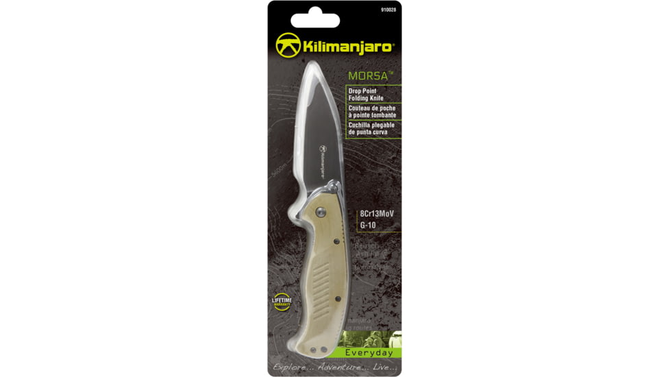 Kilimanjaro Gear Morsa Folding Knife,3.5in,Tan Wood Grain G10 , Black Plain Blade KJ910028