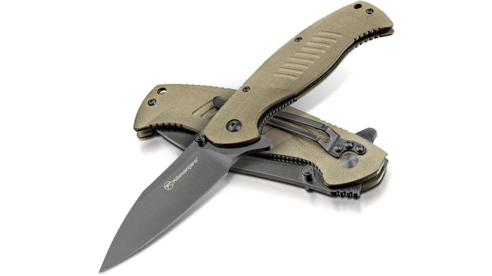 Kilimanjaro Gear Morsa Folding Knife,3.5in,Tan Wood Grain G10 , Black Plain Blade KJ910028