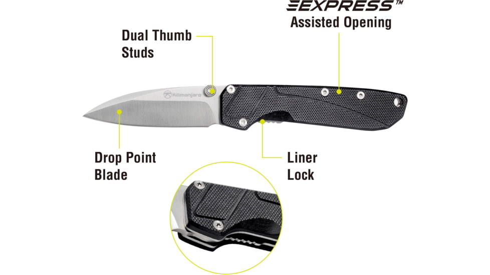 Kilimanjaro Gear Prota Assisted Open Folding Knife,2.6in, Black G10 Handle,Plain Blade KJ910200