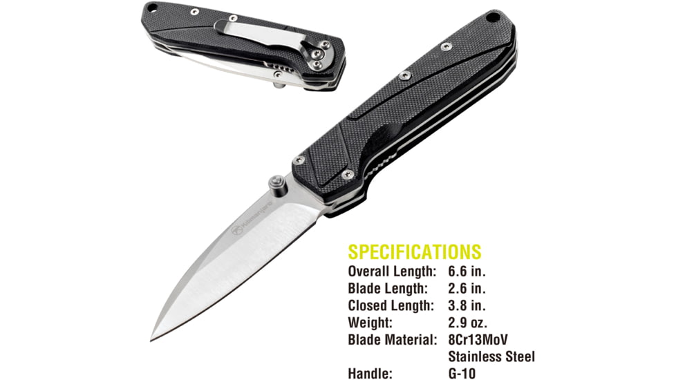 Kilimanjaro Gear Prota Assisted Open Folding Knife,2.6in, Black G10 Handle,Plain Blade KJ910200