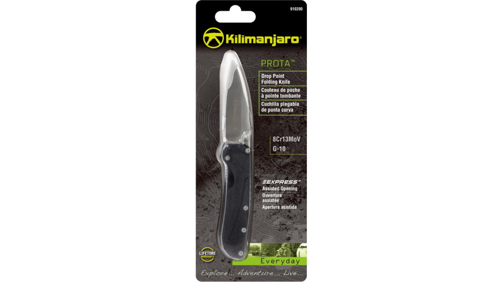 Kilimanjaro Gear Prota Assisted Open Folding Knife,2.6in, Black G10 Handle,Plain Blade KJ910200