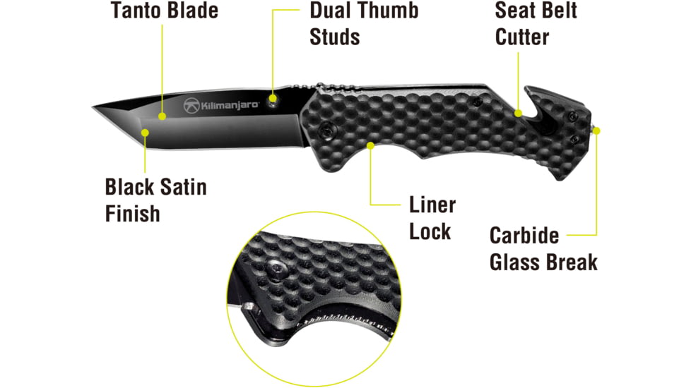 Kilimanjaro Gear UTAC Rescue Folding Knife,3.5in, Black G10 Handle, Black Tanto Blade KJ910033