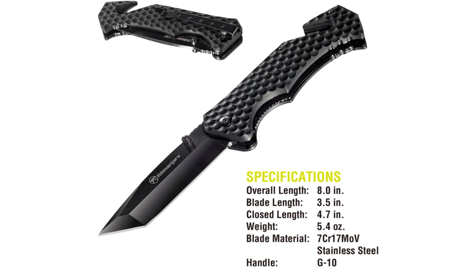Kilimanjaro Gear UTAC Rescue Folding Knife,3.5in, Black G10 Handle, Black Tanto Blade KJ910033