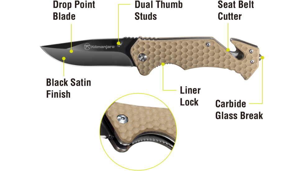 Kilimanjaro Gear UTAC Rescue Folding Knife,3.5in,Tan G10 Handle, Black Tanto Blade KJ910032