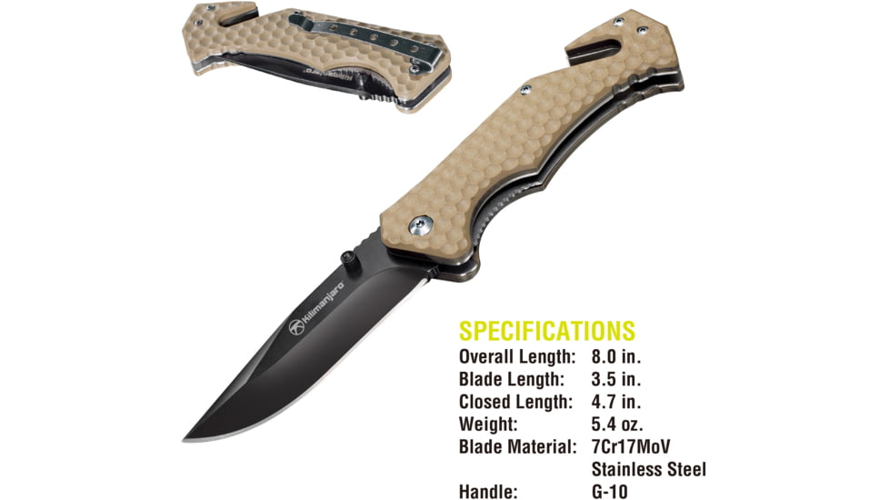 Kilimanjaro Gear UTAC Rescue Folding Knife,3.5in,Tan G10 Handle, Black Tanto Blade KJ910032