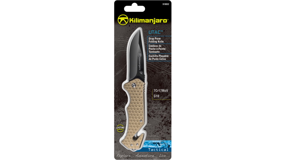 Kilimanjaro Gear UTAC Rescue Folding Knife,3.5in,Tan G10 Handle, Black Tanto Blade KJ910032