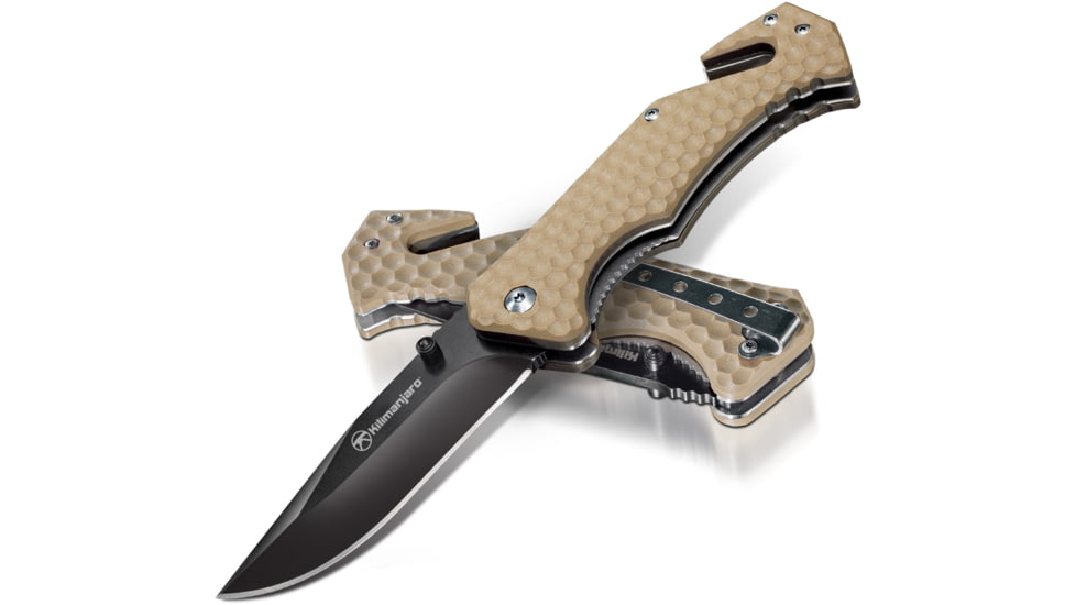 Kilimanjaro Gear UTAC Rescue Folding Knife,3.5in,Tan G10 Handle, Black Tanto Blade KJ910032