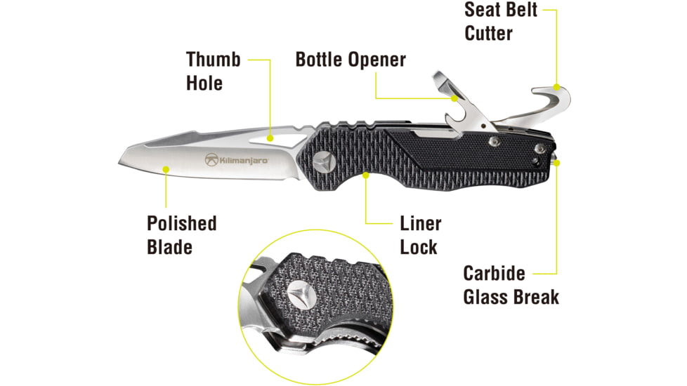 Kilimanjaro Gear Vello Folding Knife/Multi Tool,3.7in, Black G10 handle,Plain Blade KJ910036