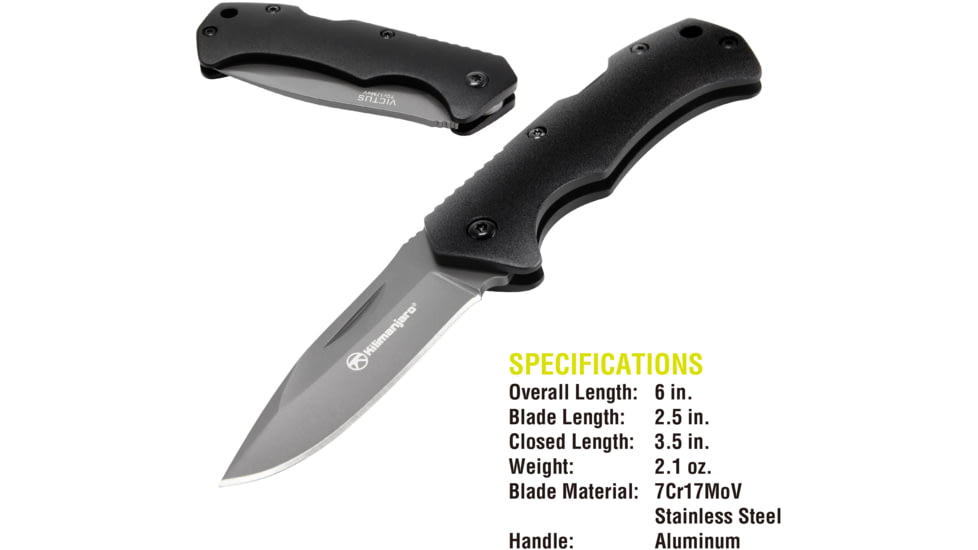 Kilimanjaro Gear Victus Folding Knife,2.5in, Black Handle, Black Plain Edge KJ910086