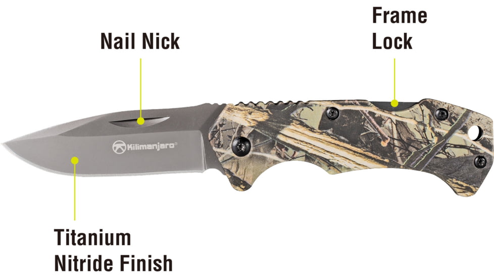 Kilimanjaro Gear Victus Folding Knife,2.5in,Camo Handle, Black Plain Edge KJ910090
