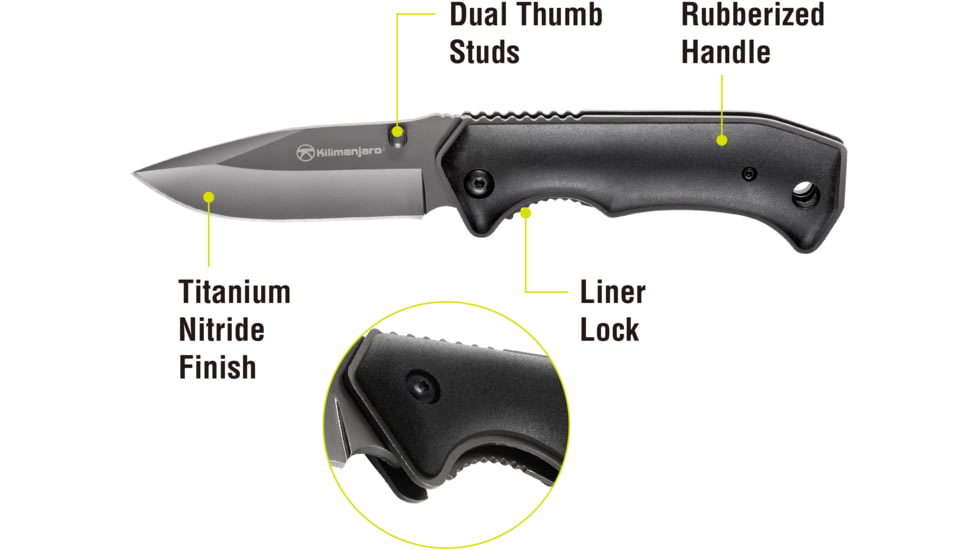 Kilimanjaro Gear Victus Folding Knife,3.5in, Black Handle, Black Plain Edge KJ910048