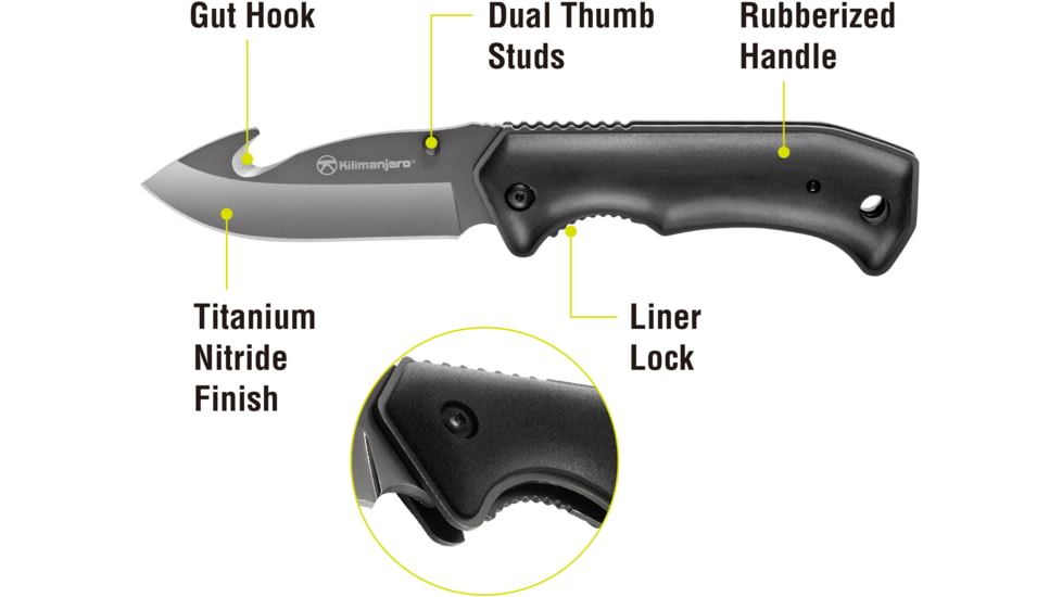 Kilimanjaro Gear Victus Folding Knife,3.5in w/ Gut Hook, Black Handle, Black Plain KJ910049
