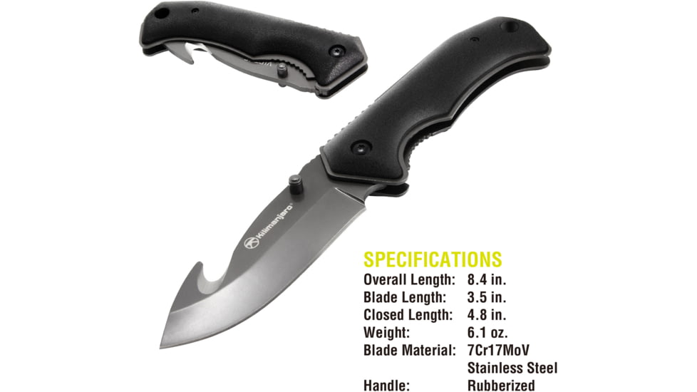 Kilimanjaro Gear Victus Folding Knife,3.5in w/ Gut Hook, Black Handle, Black Plain KJ910049