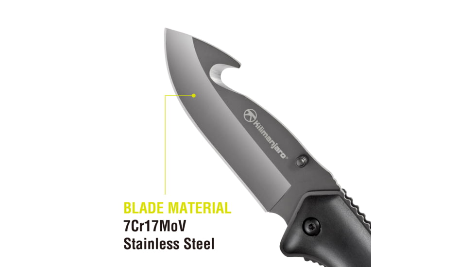 Kilimanjaro Gear Victus Folding Knife,3.5in w/ Gut Hook, Black Handle, Black Plain KJ910049