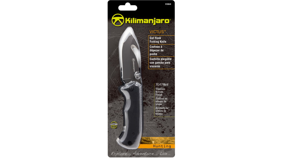 Kilimanjaro Gear Victus Folding Knife,3.5in w/ Gut Hook, Black Handle, Black Plain KJ910049