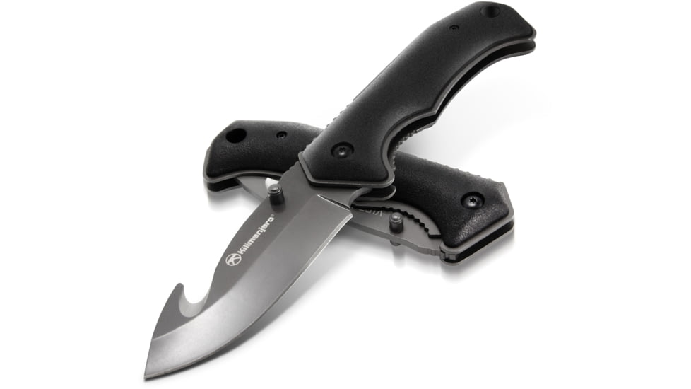 Kilimanjaro Gear Victus Folding Knife,3.5in w/ Gut Hook, Black Handle, Black Plain KJ910049