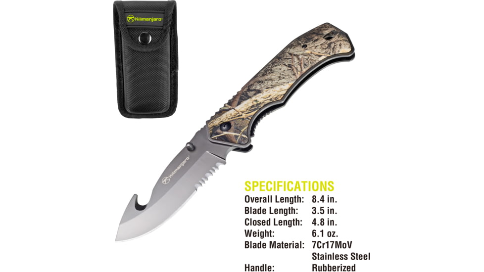 Kilimanjaro Gear Victus Folding Knife,3.5in w/ Gut Hook,Camp Handle, Black Plain KJ910088