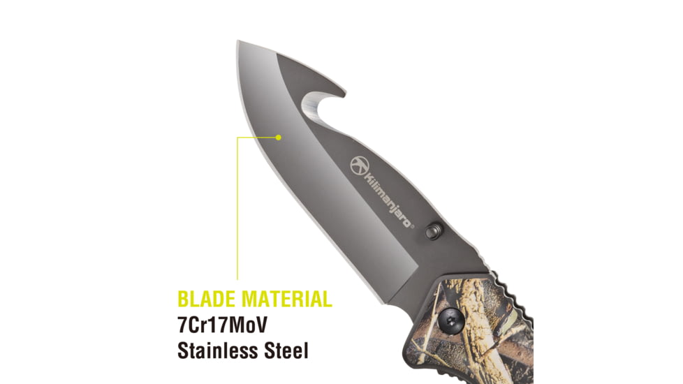 Kilimanjaro Gear Victus Folding Knife,3.5in w/ Gut Hook,Camp Handle, Black Plain KJ910088