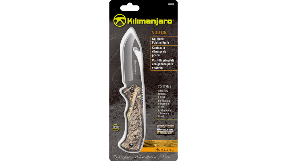 Kilimanjaro Gear Victus Folding Knife,3.5in w/ Gut Hook,Camp Handle, Black Plain KJ910088