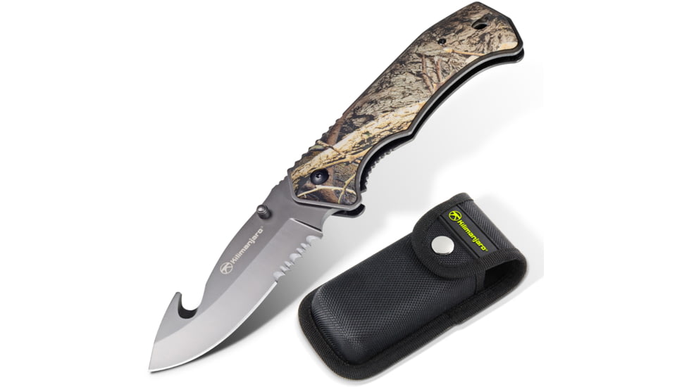 Kilimanjaro Gear Victus Folding Knife,3.5in w/ Gut Hook,Camp Handle, Black Plain KJ910088