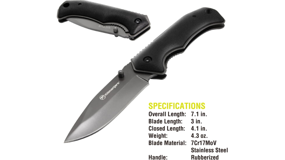 Kilimanjaro Gear Victus Folding Knife,3in, Black Handle, Black Plain Edge KJ910085