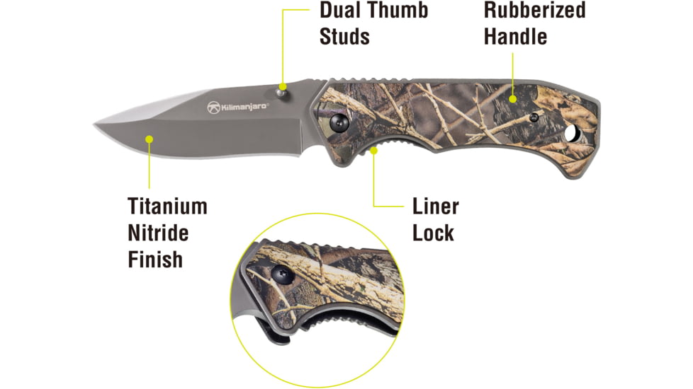 Kilimanjaro Gear Victus Folding Knife,3in,Camo Handle, Black Plain Edge KJ910089