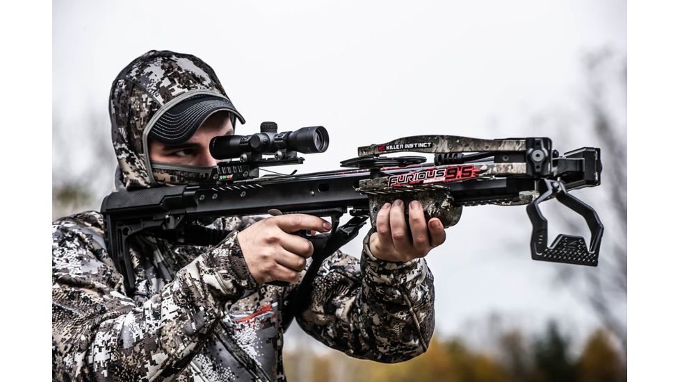 Demo, Killer Instinct Furious Pro 9.5 Crossbow w/ Lumix 4 x 32 IR-E Scope, Rope Cocker, String Suppressors, 5-Bolt Quiver, HYPR Bolts and Field Tips, Stick of Rail Lube, True Timber Strata, 1093-DEMO