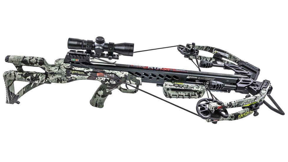 Killer Instinct Ripper 415 Crossbow w/ Lumix 4 x 32 IR-W Scope, Rope Cocker, String Suppressors, 5-Bolt Quiver, 3 HYPR Lite Bolts and Field Tips, Stick of Rail Lube, Chaos Green, 200lbs, 1105