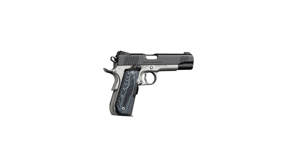 Kimber Master-Carry-Custom Pistol, .45 ACP, 5 in barrel, stainless steel frame, Crimson Trace Lasergrips grip, recoil operated semi-automatic, single-action, grip safety, manual thumb safety, fixed low profile, 8 round magazine, KMBR-MST-CY-CTM-FRRMPG