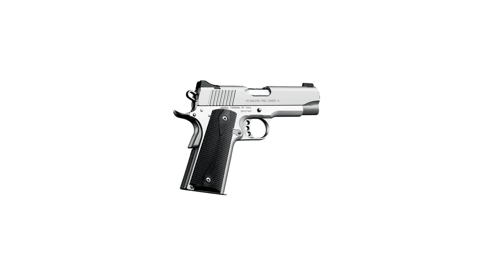 Kimber Stainless-Pro-Carry-II Pistol, .45 ACP, 4 in barrel, silver anodized alloy frame, black synthetic grip, recoil operated semi-automatic, single-action, grip safety, manual thumb safety, fixed low profile, 7 round magazine, KMBRSTPROCYII2-FRRMPG