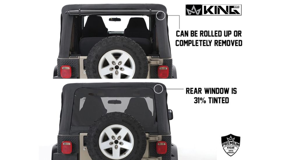 King 4WD Replacement Soft Top, Jeep Wrangler TJ 1997 - 2006, w/o Upper Doors, w/ Tinted Windows, Black Diamond, 14010235