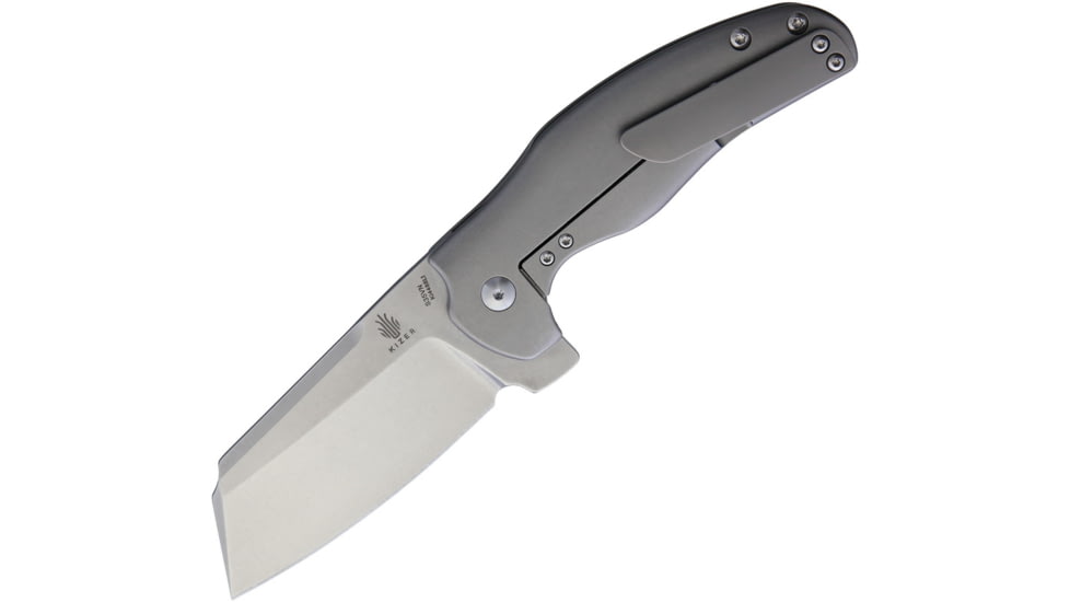 Kizer Cutlery C01E Framelock Left Hand Folding Knife, 3.25in Stonewash S35Vn SS Blade, Gray Satin Titanium Handle, Pocket Clip, Left Hand Version, KI4488L1