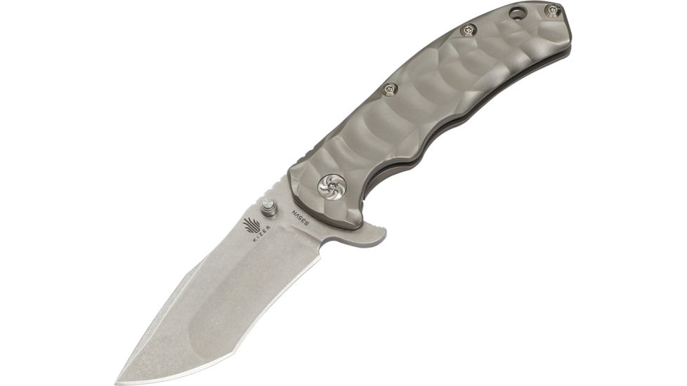 Kizer Cutlery Caligine Framelock Folding Knife,3.625in,CPM-S35VN Steel,Tanto,Stonewash,Gunmetal Gray,Titanium Handle KI401DT2
