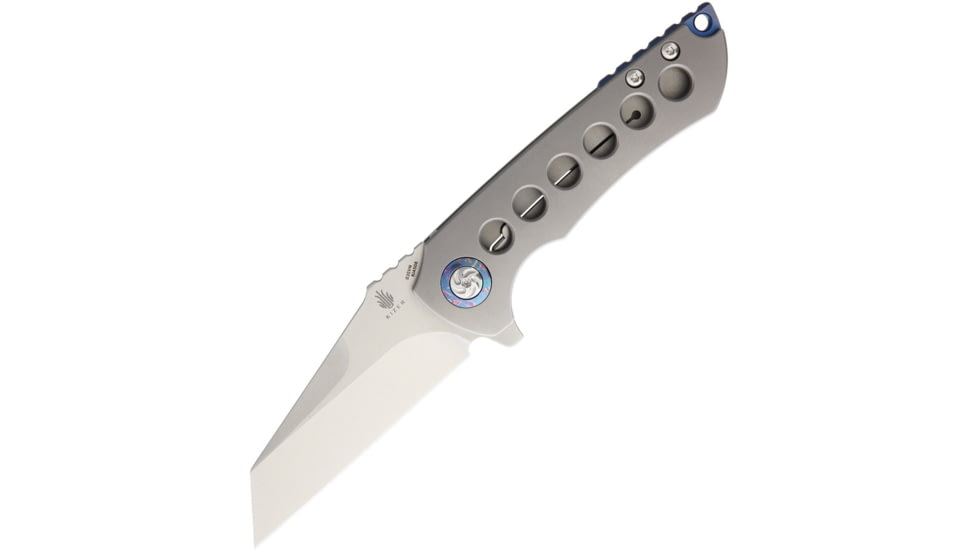Kizer Cutlery Critical Folding Knife, 3.75in Stonewash Wharncliffe Blade, Gray Matte Finish Titanium Handle, Glass Breaker, Camo Nylon Case, KI4508