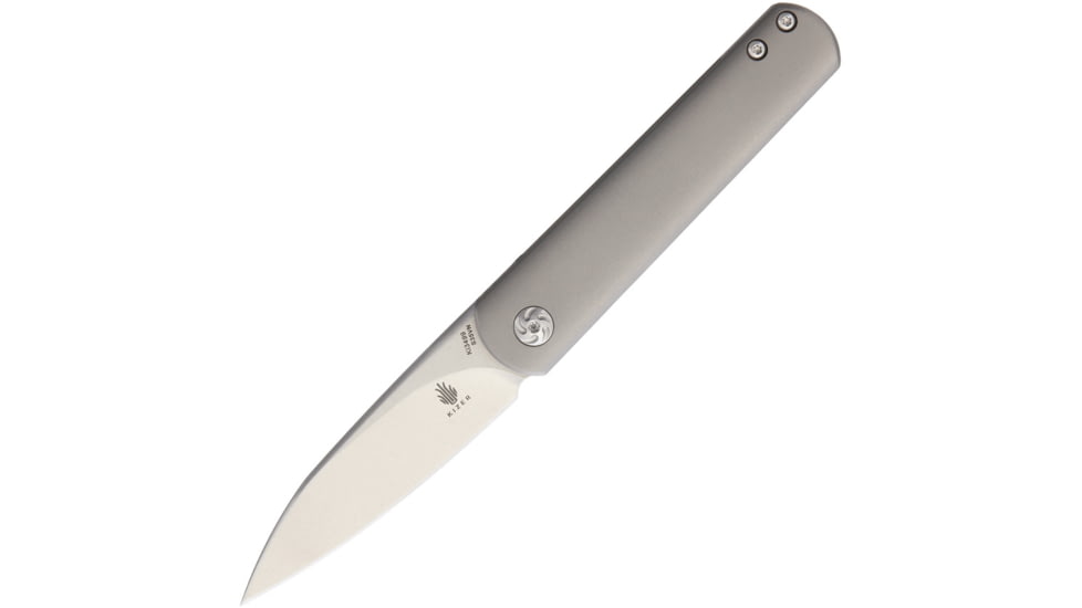Kizer Cutlery Feist Framelock Folding Knife, 2.75in Stonewash Cpm S35Vn SS Drop Point, Gray Matte Finish Titanium Handle, Pocket Clip, Designed By Justin Lundquist, Camo Nylon Case, KI3499