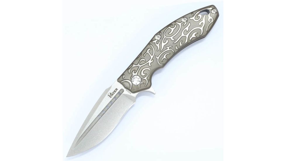 Kizer Cutlery Ki4431 Folding Knife,4.1in,Natural Titanium w/Pattern,Satin Drop Point KI4431, EDEMO1