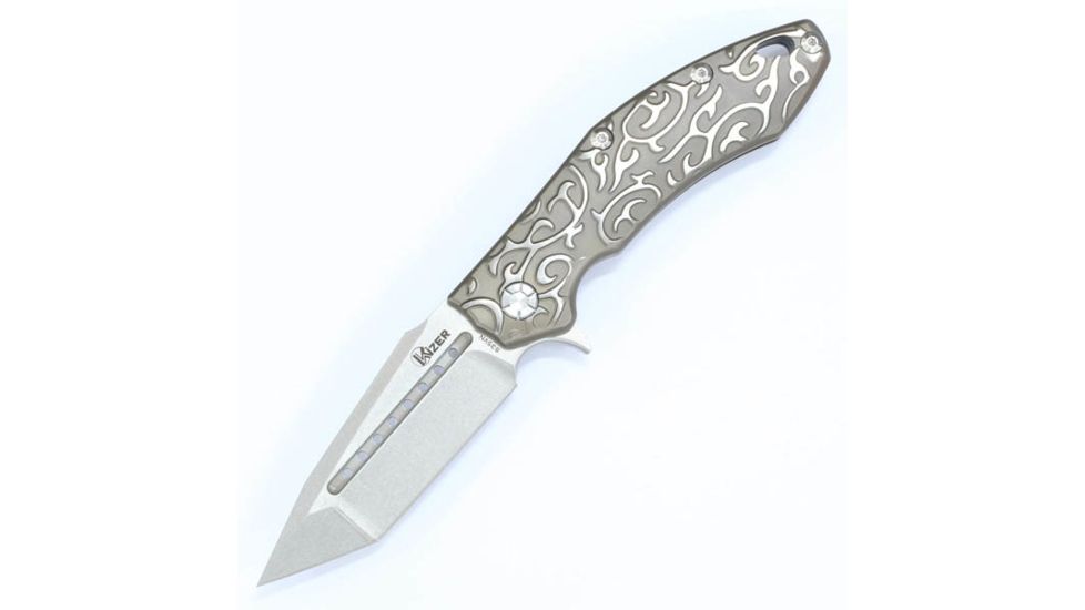 Kizer Cutlery Ki4431T Folding Knife,4.1in,Natural Titanium w/Pattern,Satin Tanto KI4431T