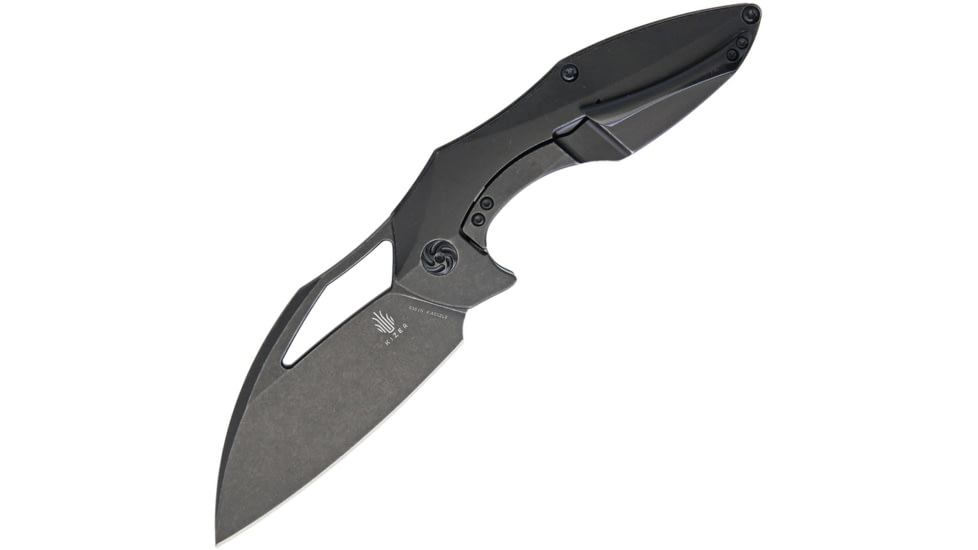 Kizer Cutlery Megatherium Left Handed Folding Knife, 4in Black Stonewash Cpm S35Vn SS Blade, Black Titanium Handle, Pocket Clip, Thumb Pull, Left Hand Version, Black Nylon Storage Case, KI4502L2