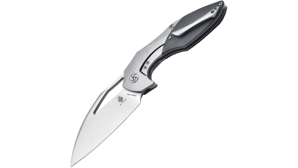 Kizer Cutlery Megatherium Left Handed Folding Knife, 4in Stonewash Cpm S35Vn SS Blade, Matte Finish Titanium Handle With Carbon Fiber Inlay, Thumb Pull, Left Hand Version, Black Nylon Case, KI4502L1