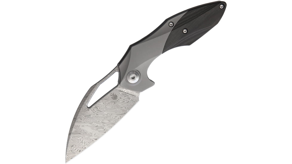 Kizer Cutlery Minitherium Framelock Folding Knife, 3in Damasteel Blade, Gray Titanium Handle w/ Carbon Fiber Inlay, Odin Heim Pattern Blade, Black Nylon Pouch, KI3502D1
