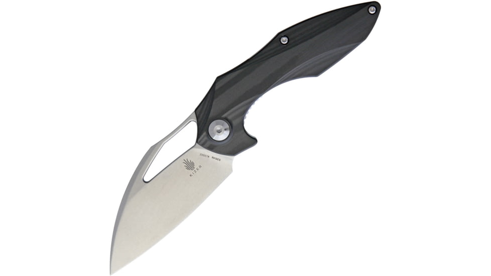 Kizer Cutlery Minitherium Linerlock Folding Knife, 3in Stonewash S35Vn SS Blade, Carbon Fiber Handle, Thumb Pull, Pocket Clip, Black Nylon Pouch, KI3502