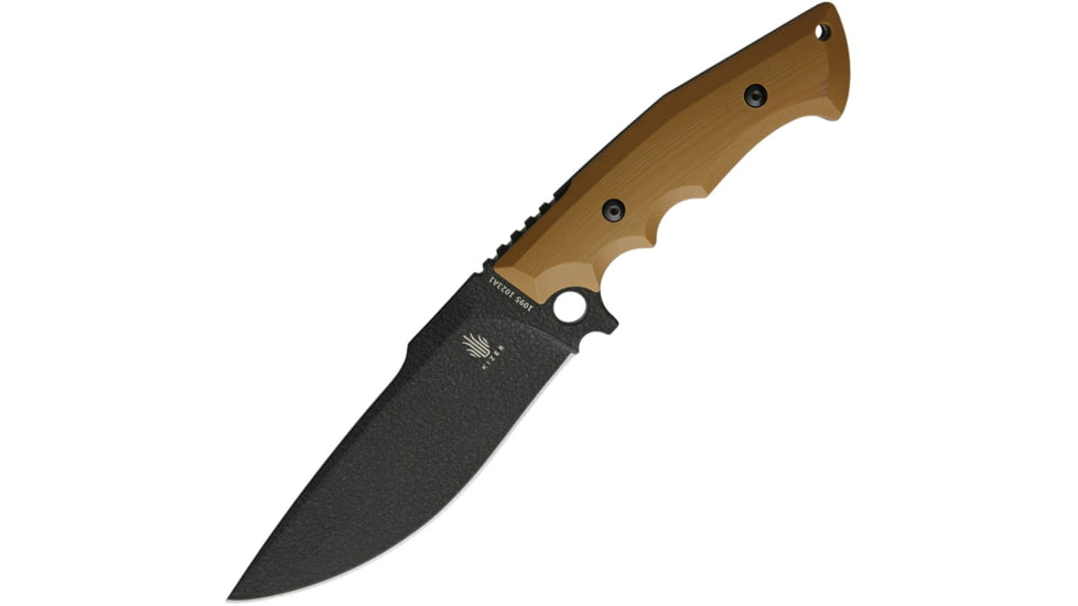 Kizer Cutlery Salient E613 Knife, Salient E613 Fixed Blade, 11.88in Overall, 6in Black Powder Coated 1095Hc Steel Drop Point, Tan Finger Grooved G10 Handle, Green Kydex Sheath, KI1023A1