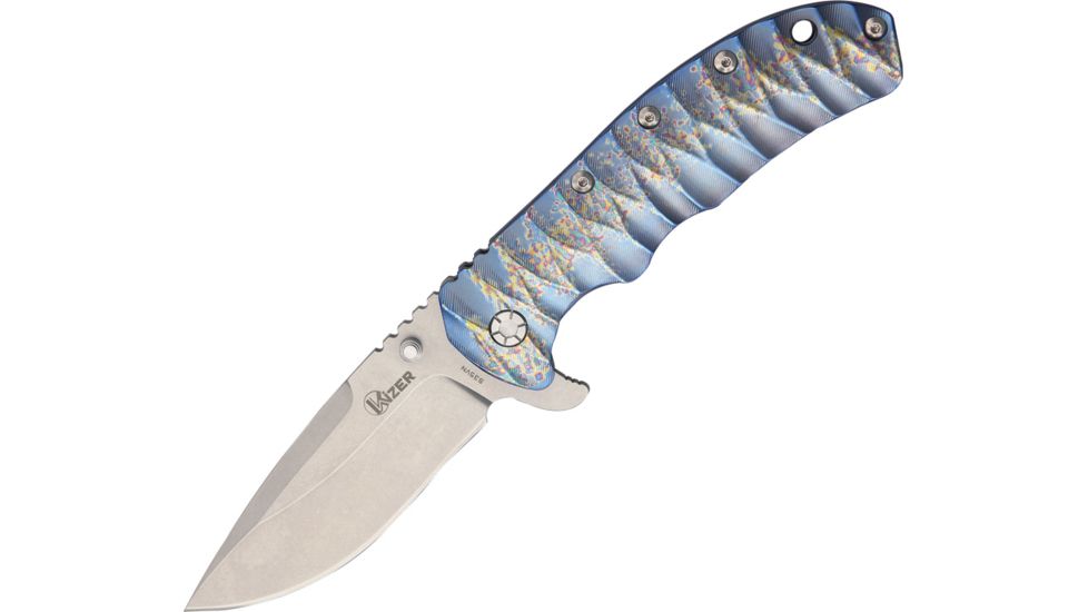 Kizer Cutlery Titanium Framelock Blue Fold Knife, SS drop point fine edge blade, Blue handle KI5401