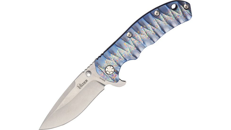 Kizer Cutlery Titanium Framelock Fold Knife, SS drop point fine edge blade, Stonewash/Spectrum Gloss handle KI401C2